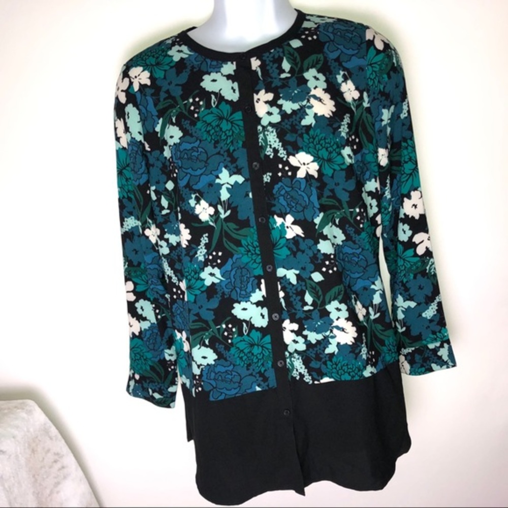 D&Co Button Down Blouse Black Green Floral Small
